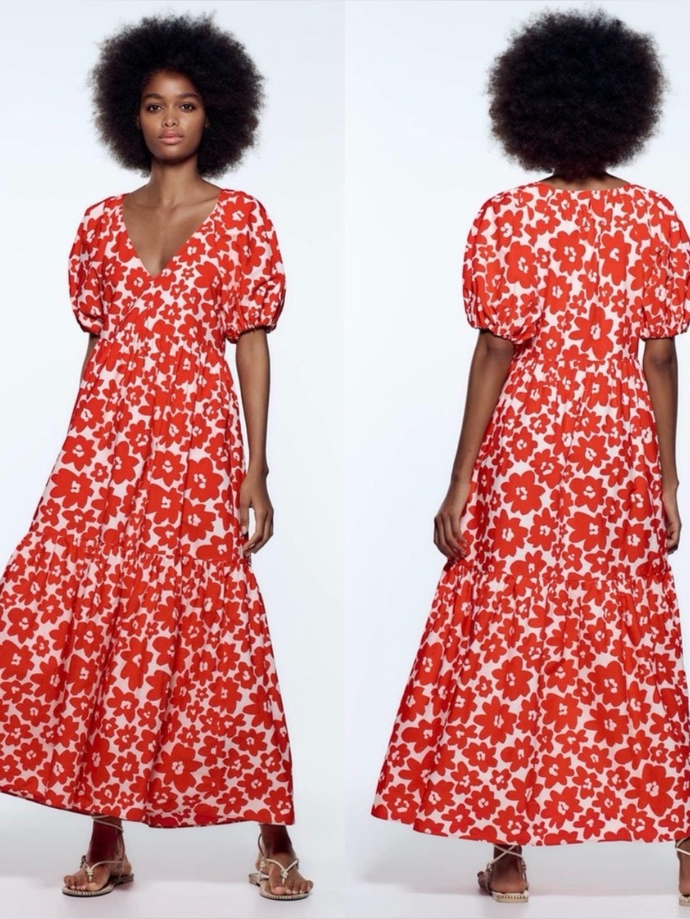 ZARA PRINTED POPLIN PUFF SLEEVE DRESS FLORAL RED